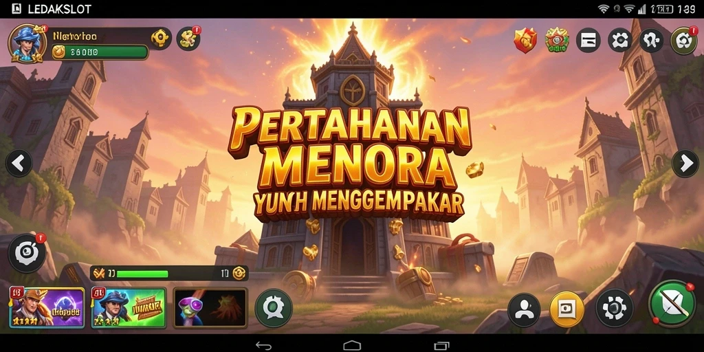 Gambaran gameplay mendebarkan dalam LEDAKSLOT dengan menara pertahanan yang aktif.