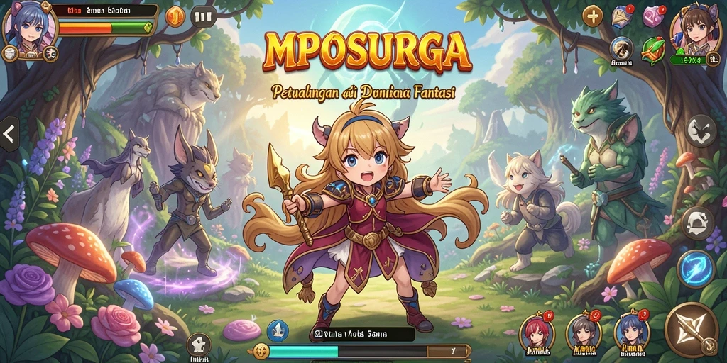 Tampilan gameplay MPOSURGA dengan karakter anime yang dinamis dan cerah.
