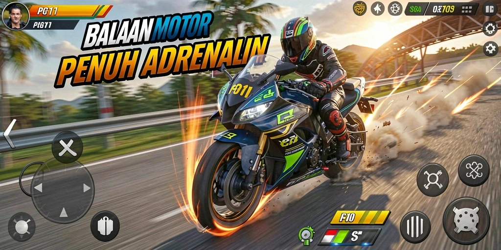 Tampilan gameplay PG11 yang menegangkan dalam balapan motor.