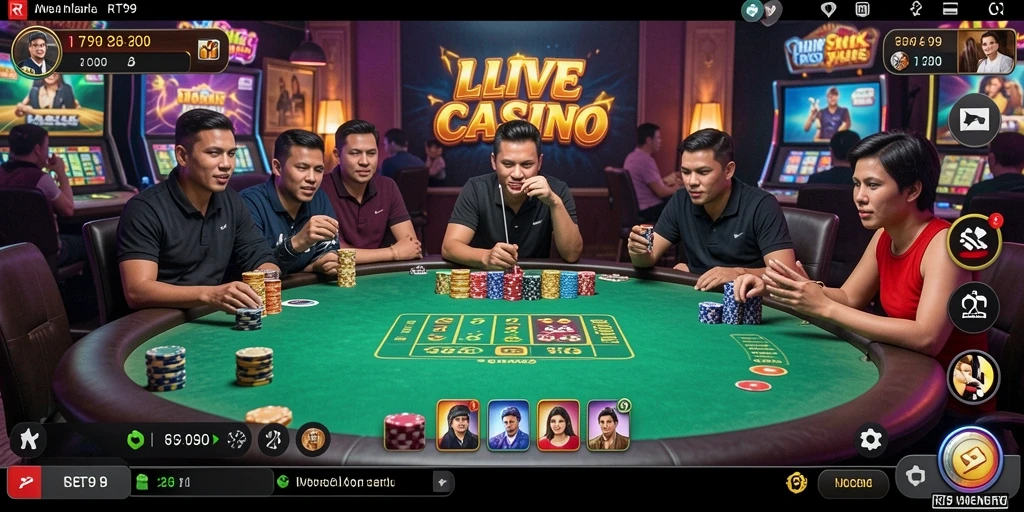 Screenshot RT99 menunjukkan dealer langsung yang mengelola permainan kasino dengan profesional.