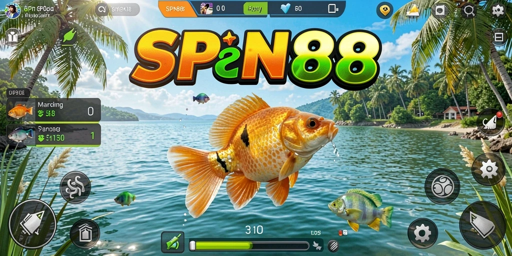 Tampilan gameplay memancing menakjubkan dari SPN88 dengan ikan berwarna-warni.