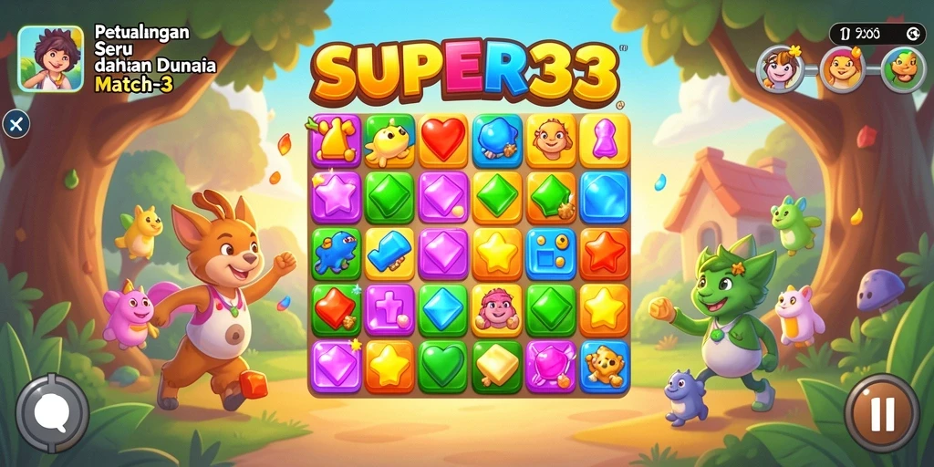 Tampilan gameplay SUPER33 dengan permata berwarna-warni dan tantangan match-3.