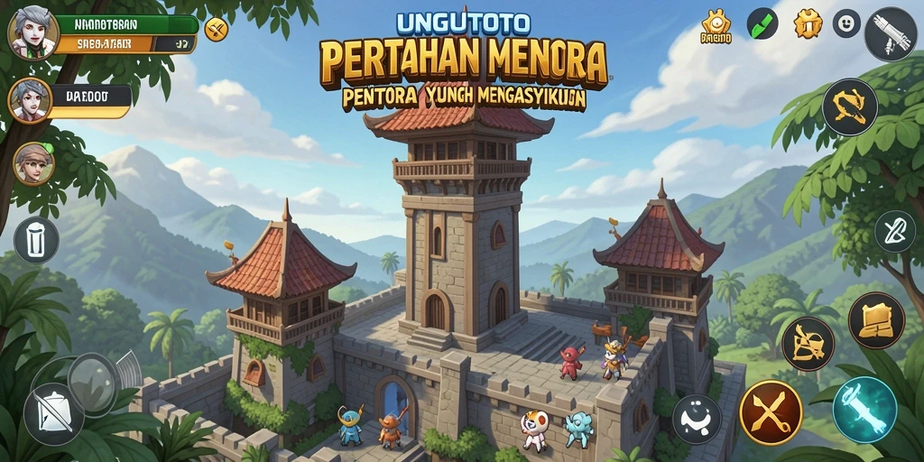 Screenshot gameplay UNGUTOTO dengan menara dan musuh yang beragam.